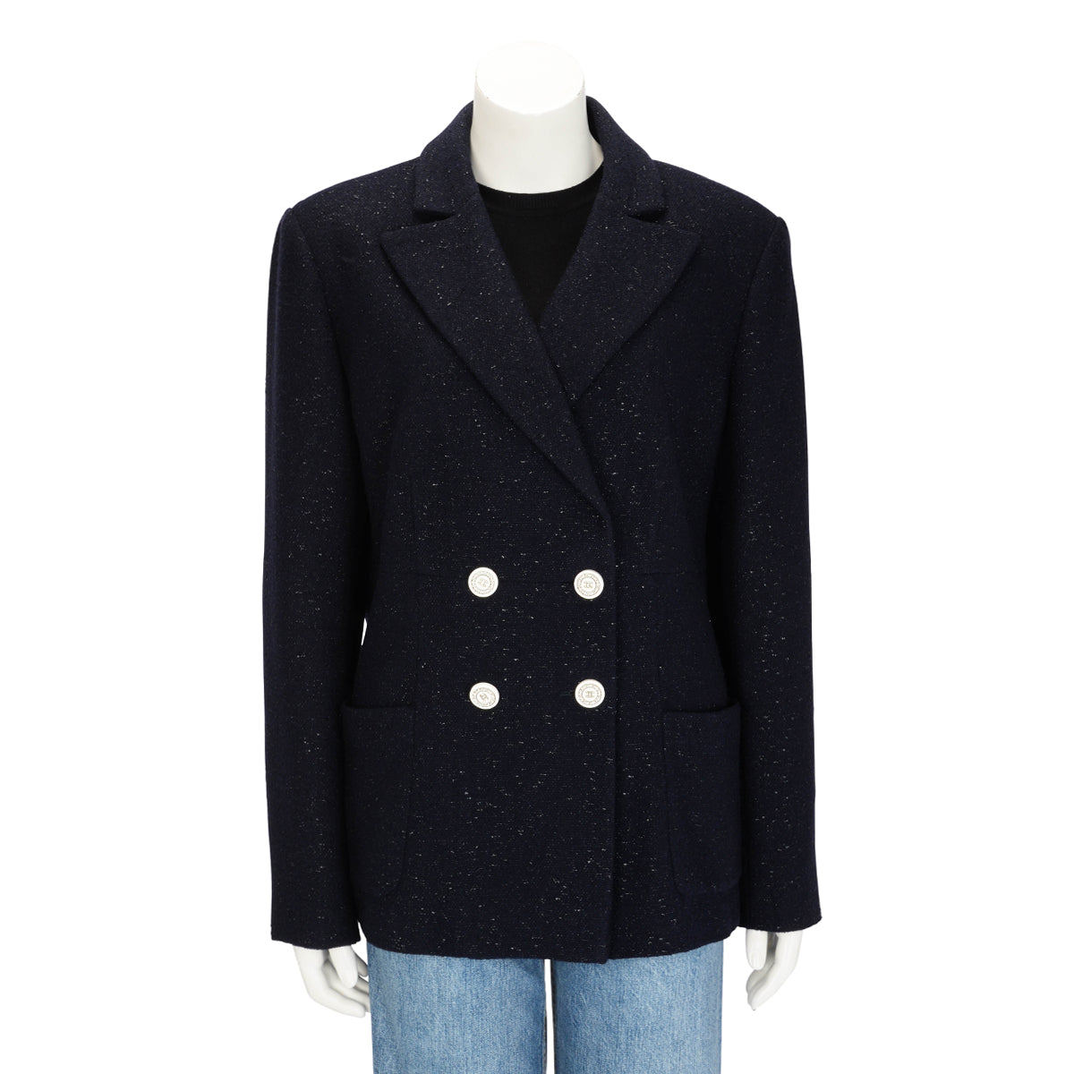 Chanel Dark Navy Lurex Tweed Double Breasted Jacket FR 50