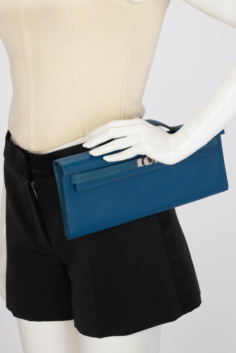 Hermes Bleu de Galice Grain d'H Calfskin Kelly Cut Clutch
