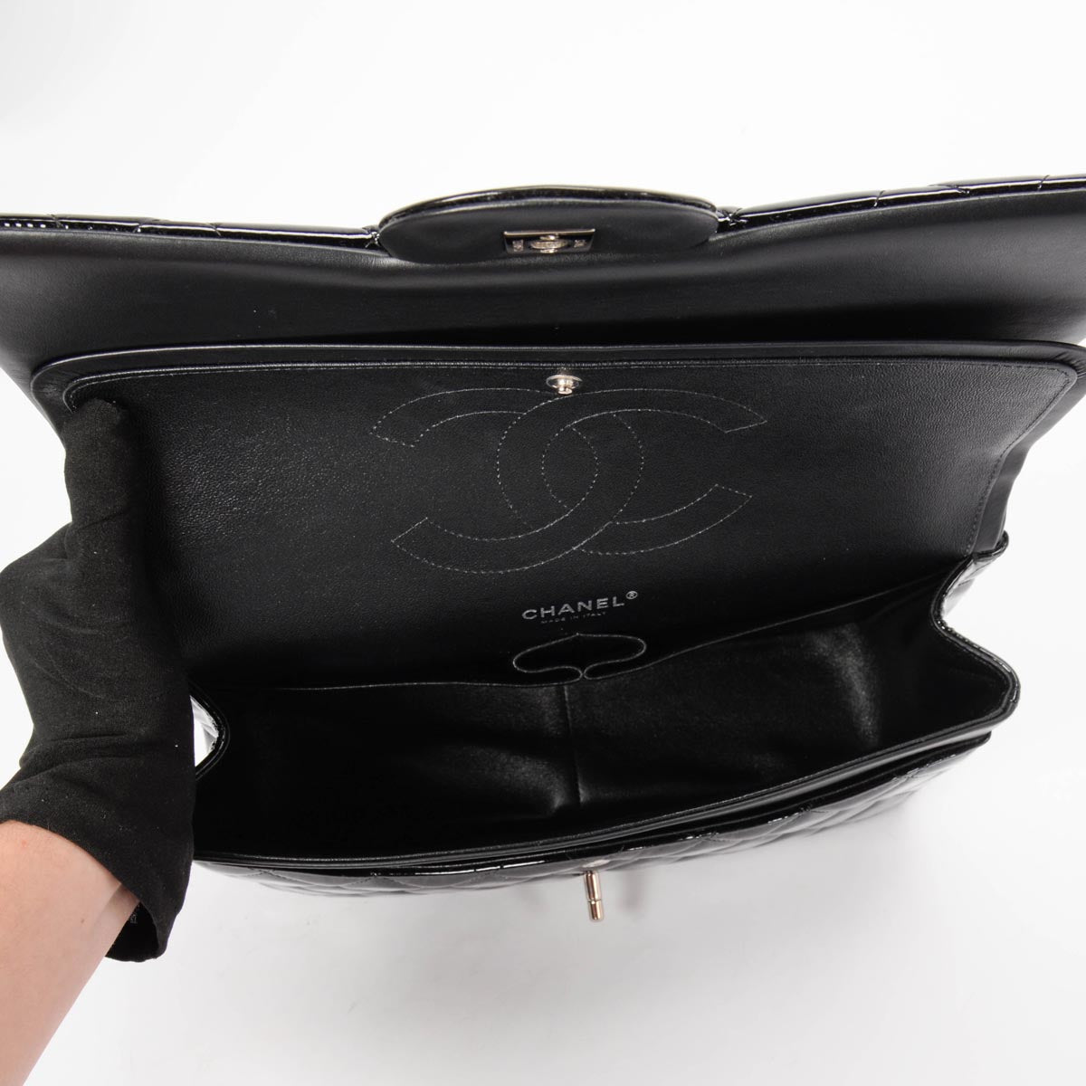 Chanel Black Quilted Patent Large Double Flap Bag