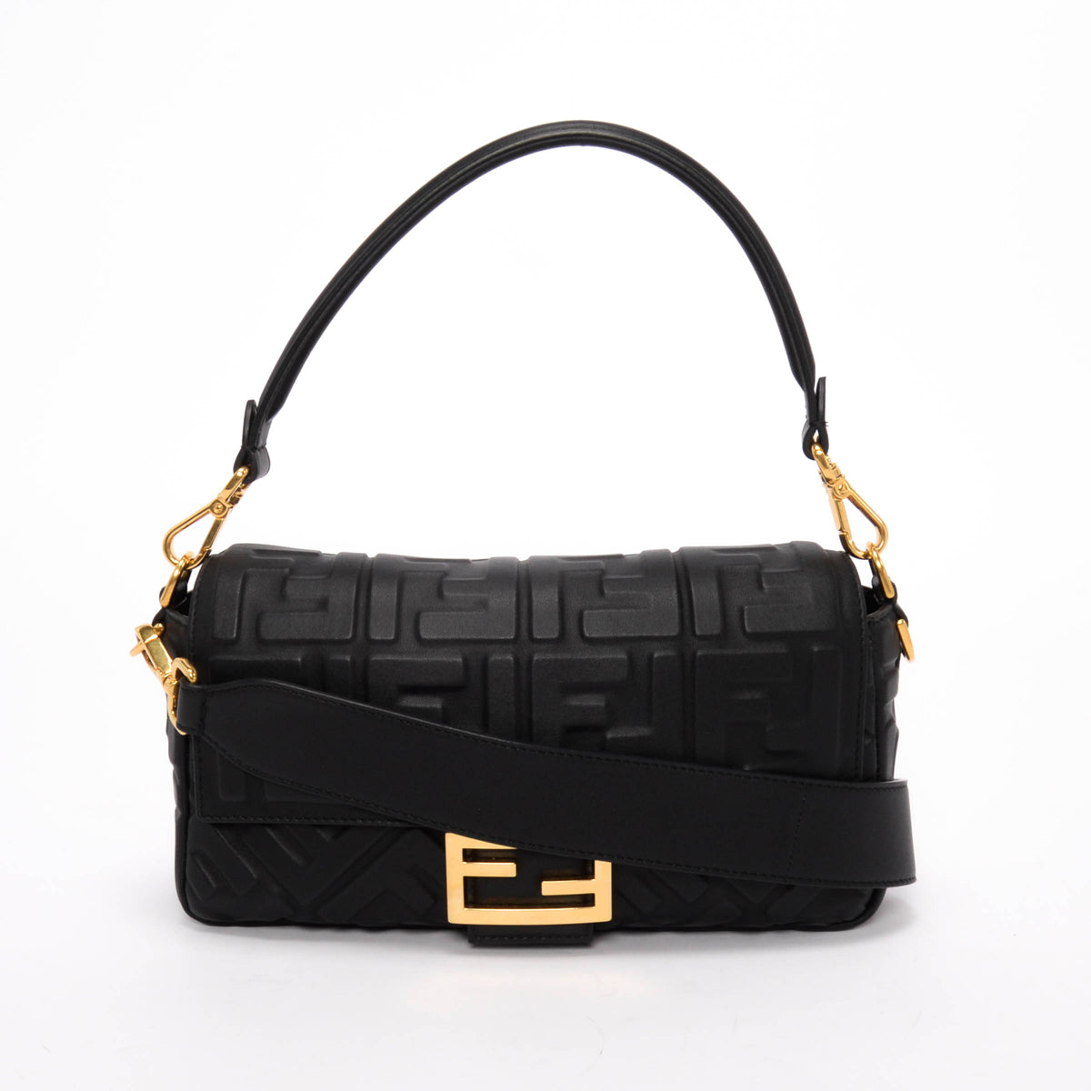 Fendi Black Nappa FF Embossed Baguette Bag