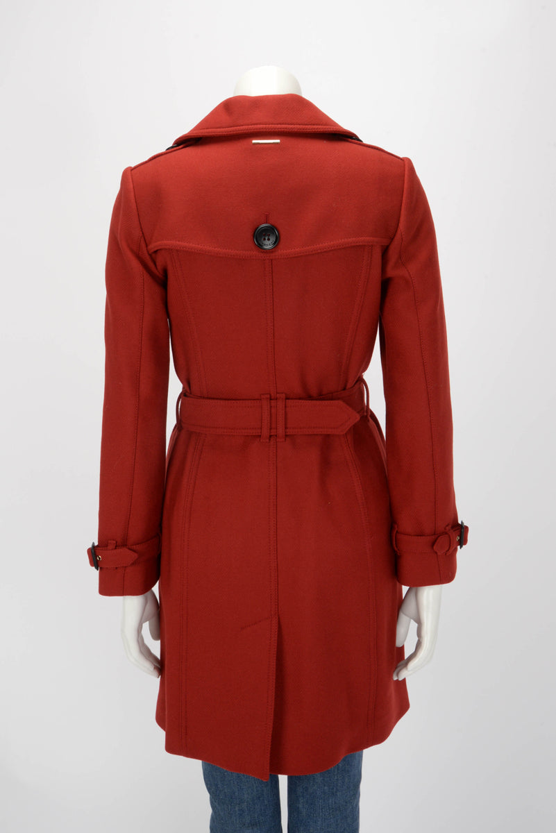 Burberry Red Wool Twill Trench Style Coat UK 4