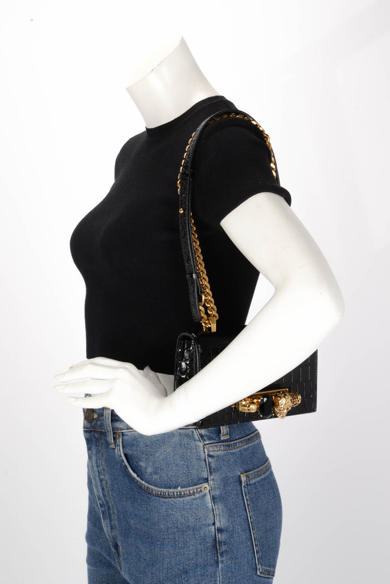 Alexander McQueen Black Croc Embossed Jewelled Skull Satchel Mini Bag