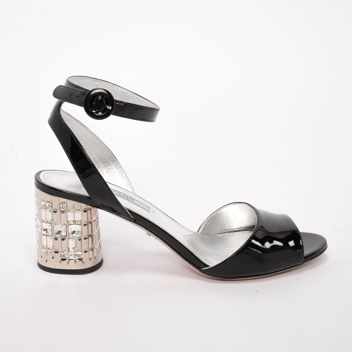 Prada Black Patent Crystal Heel Sandals 38.5