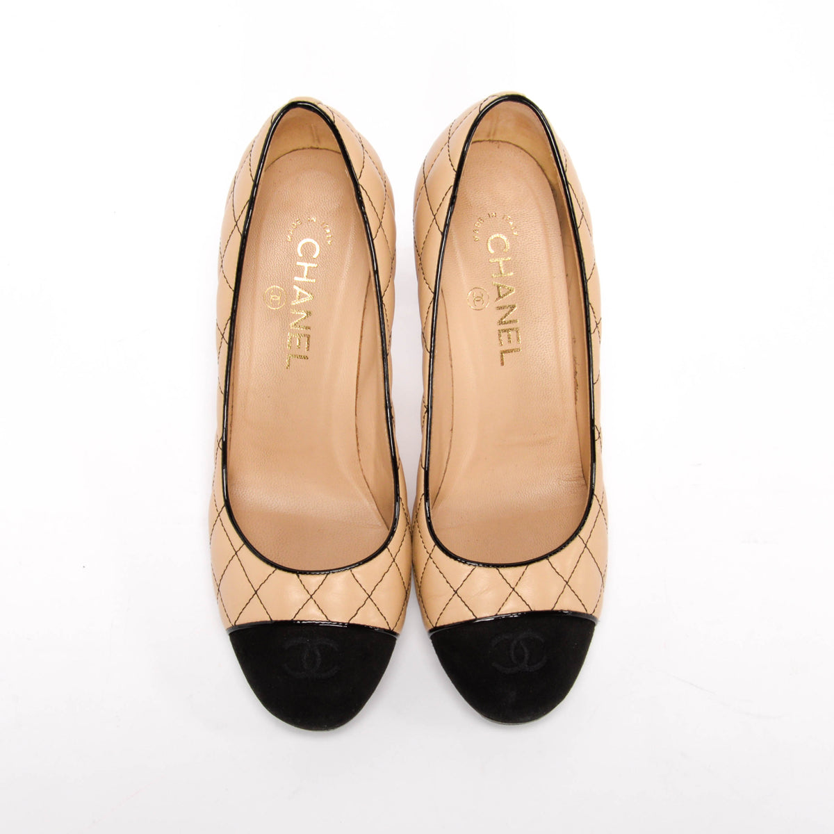 Chanel Beige & Black Quilted CC Cap Toe Pumps 39.5