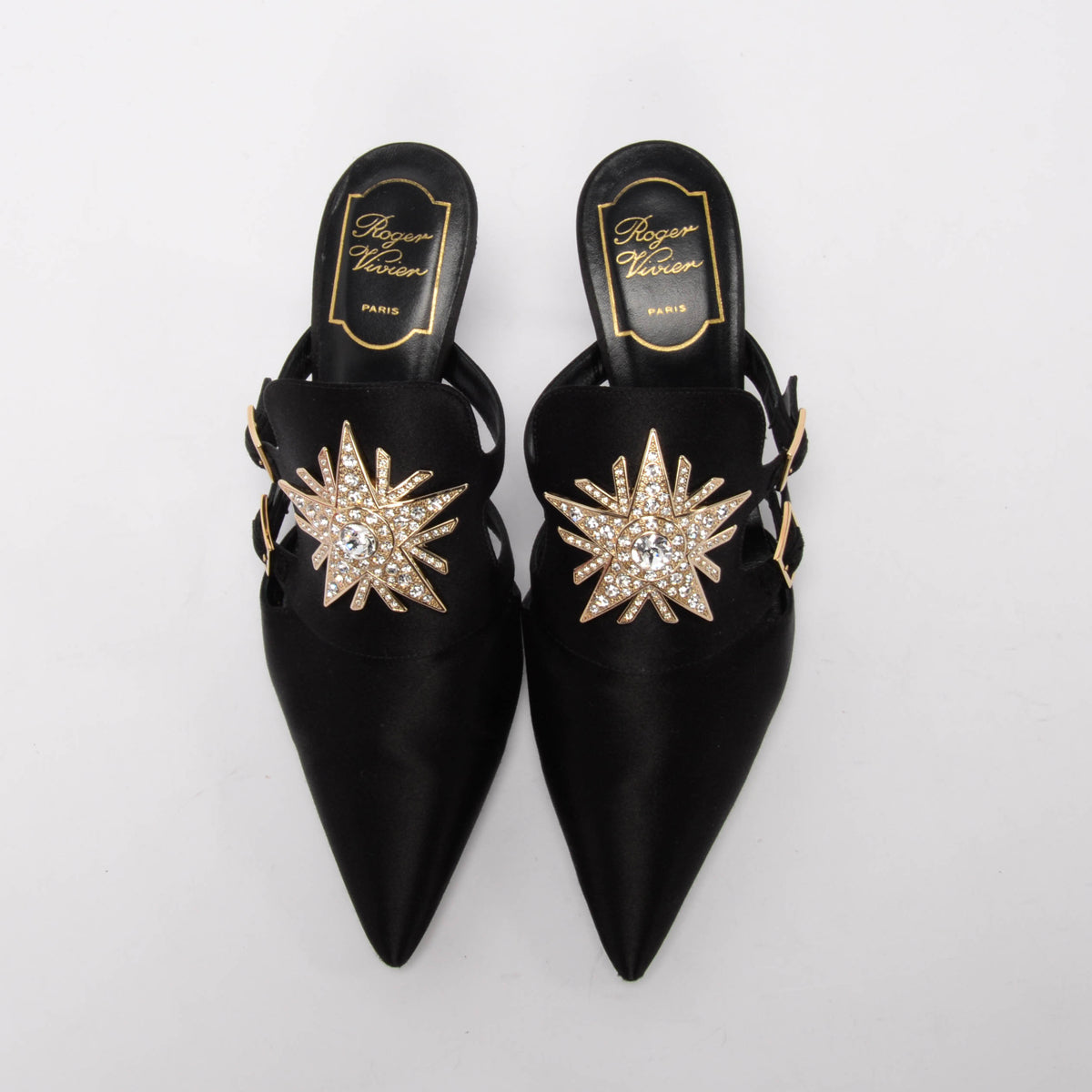 Roger Vivier Black Satin Crystal Star Mules 37.5