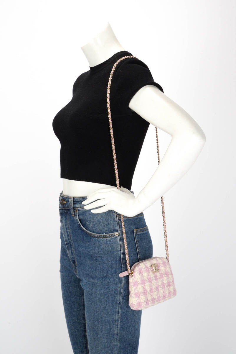 Chanel Pink & White Check Tweed Clutch With Chain