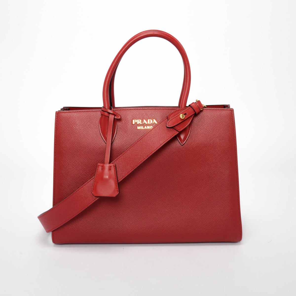 Prada Red & Navy Saffiano Cuir Bibliotheque Bag