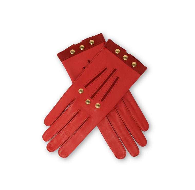 Hermes Red Lambskin Gold Clous De Selle Gloves