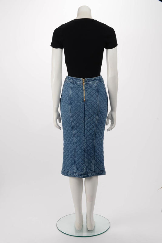Balmain Blue Quilted Denim Pencil Skirt FR 36 - Blue Spinach