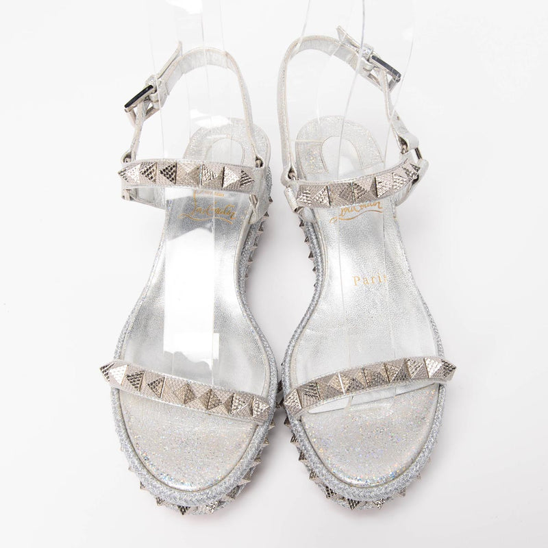 Christian Louboutin Silver Studded Pyraclou Sandals 36 - Blue Spinach