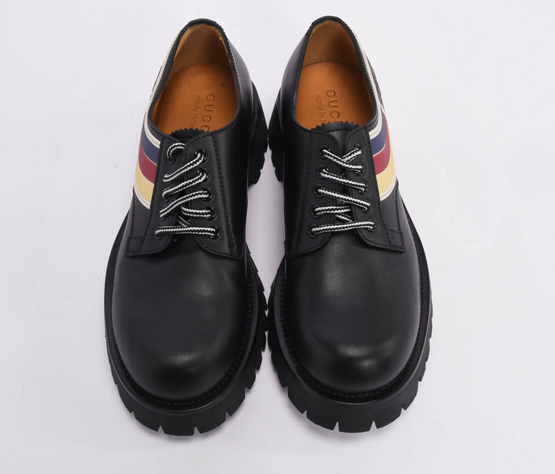 Gucci Black Leather Sylvie Web Lace-Up Shoes 7.5 - Blue Spinach