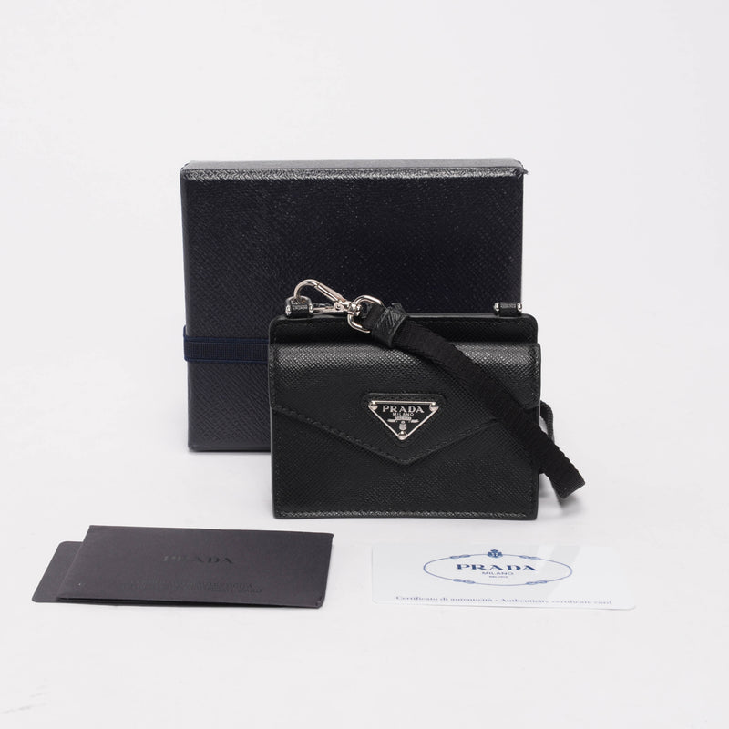 Prada Black Saffiano Card Holder With Strap - Blue Spinach