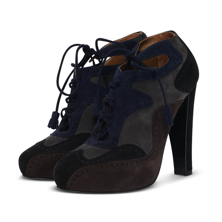 Hermes Tri-Colour Suede Brogue Lace-Up Booties 36