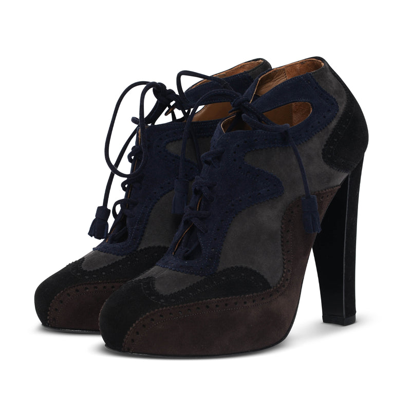 Hermes Tri-Colour Suede Brogue Lace-Up Booties 36 - Blue Spinach