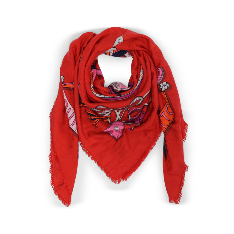 Louis Vuitton Red Silk & Wool Fringed Shawl