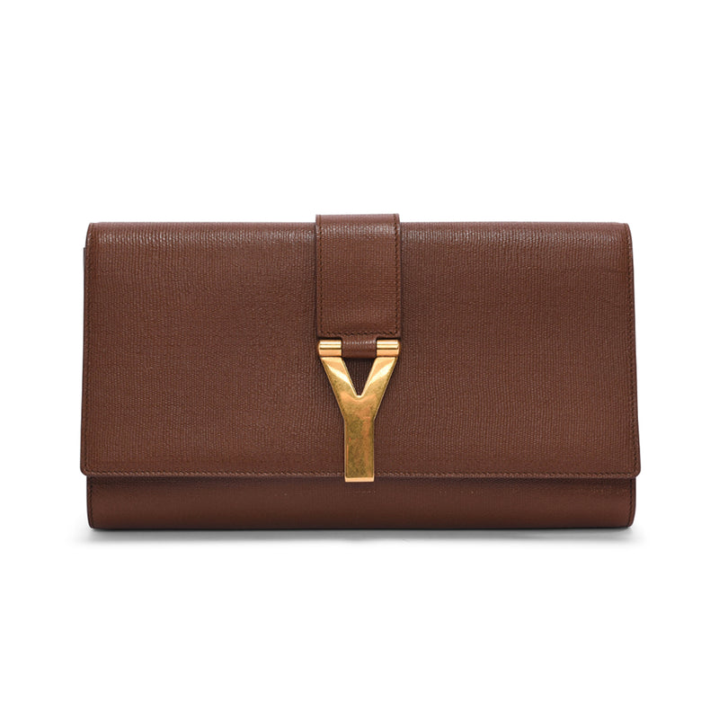 Yves Saint Laurent Brown Textured Leather Ligne Y Clutch - Blue Spinach