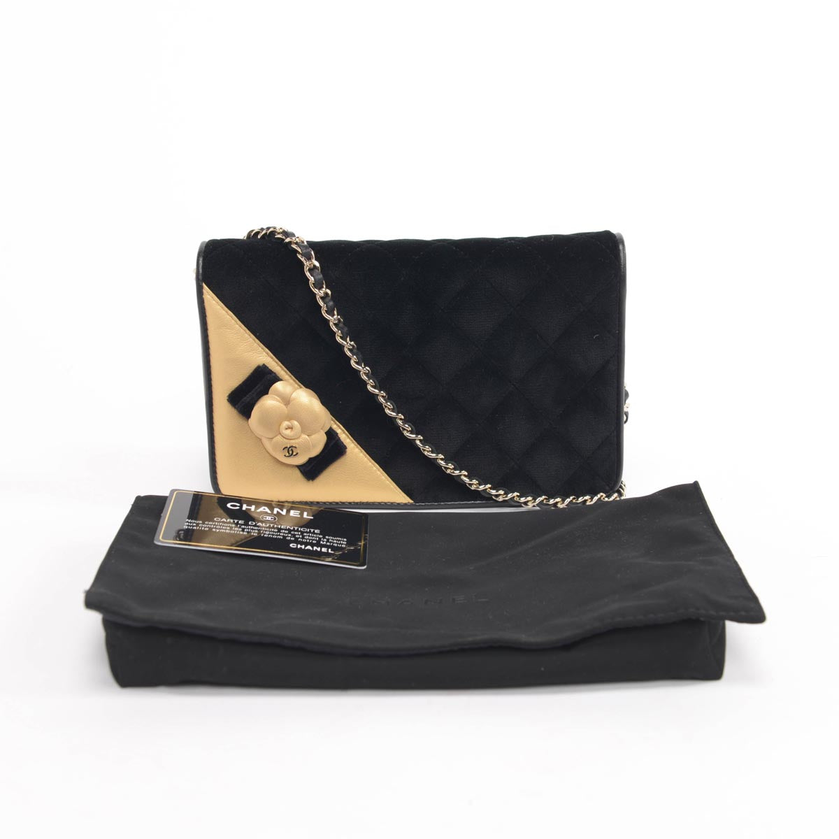 Chanel Black & Gold Velvet Camellia Wallet on Chain
