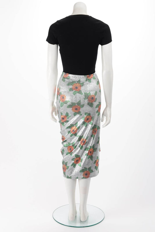 Paco Rabanne Silver Lurex Floral Print Ruched Skirt IT 36 - Blue Spinach