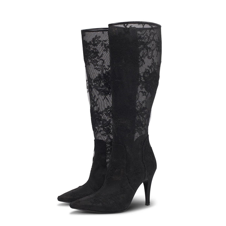 Valentino Black Lace Knee Length Boots 37