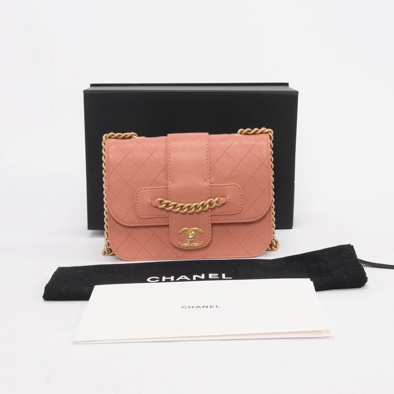 Chanel Pink Quilted Sheepskin Front Chain Flap Bag - Blue Spinach