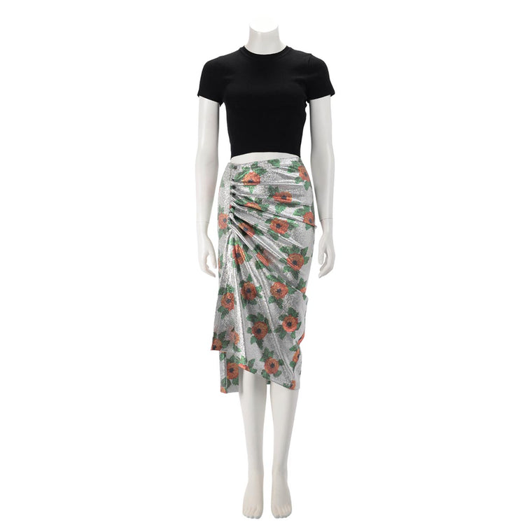 Paco Rabanne Silver Lurex Floral Print Ruched Skirt IT 36