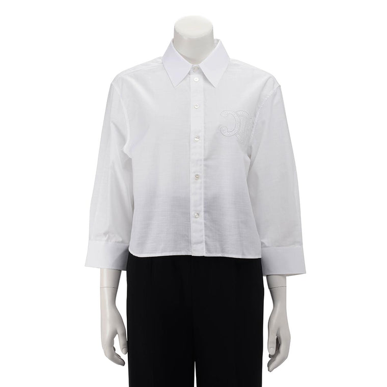 Celine White Cotton Triomphe Embroidered Cropped Shirt IT 38