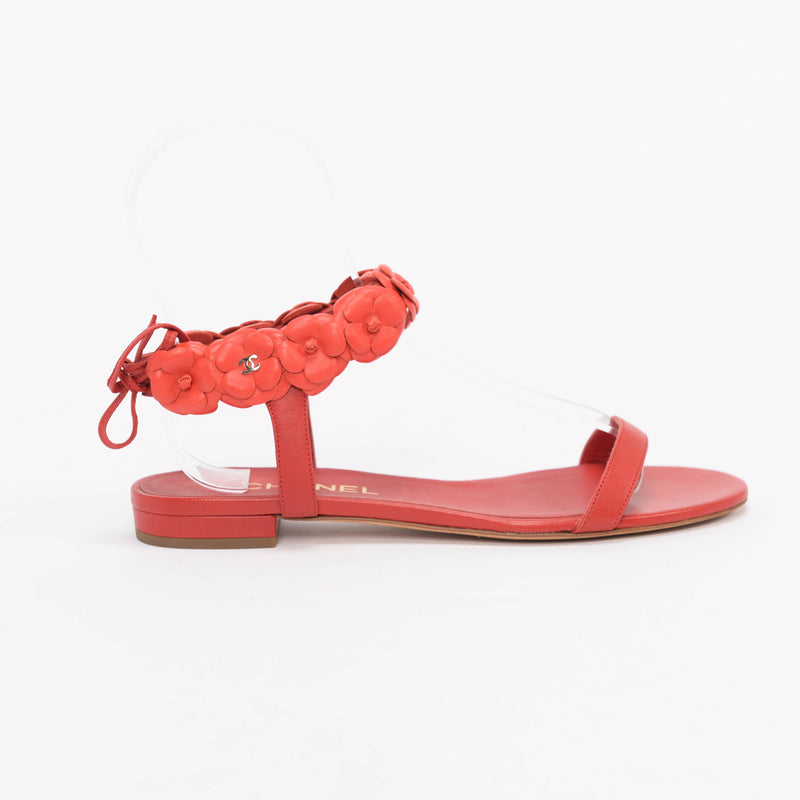 Chanel Red Lambskin Camellia Sandals 39 - Blue Spinach