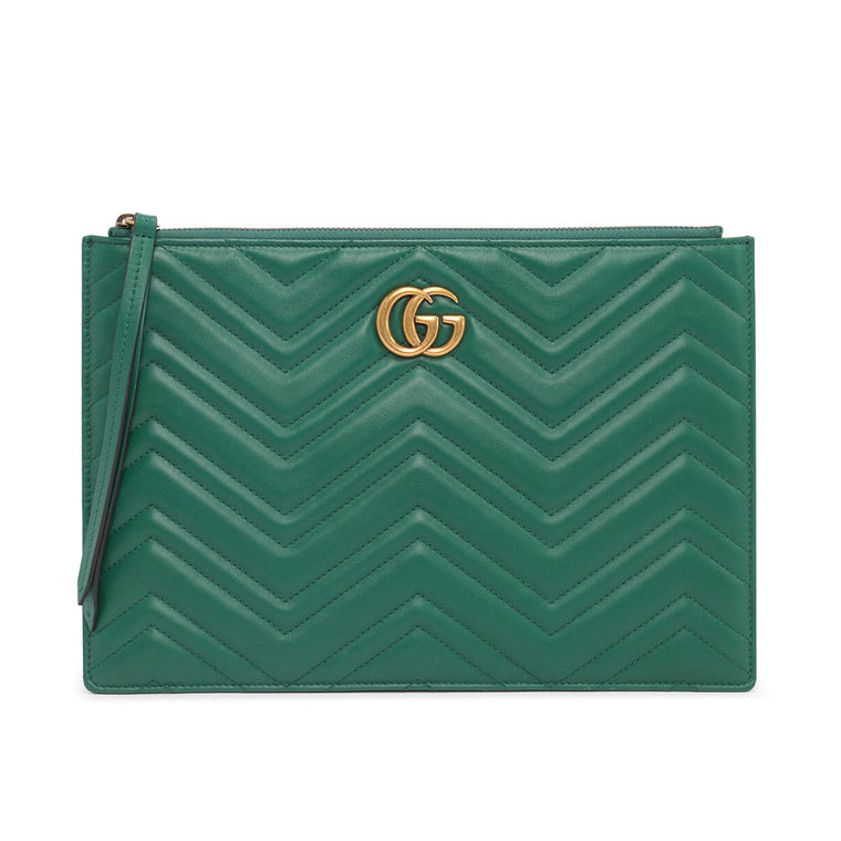Gucci Green Quilted Leather GG Marmont Zip Pouch