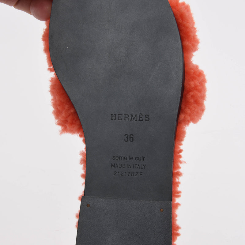 Hermes Orange Shearling Oran Sandals 36 - Blue Spinach