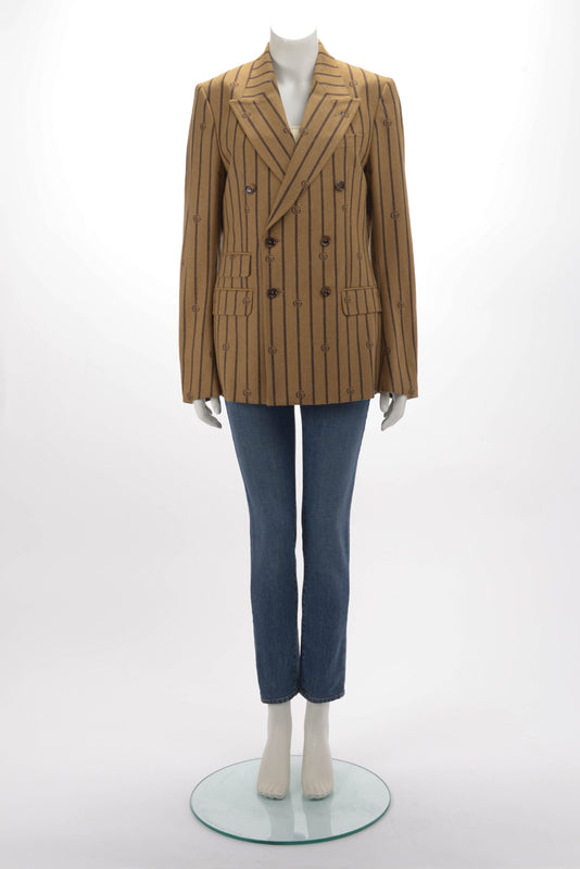 Gucci Brown Pinstriped GG Double Breasted Blazer IT 46 - Blue Spinach