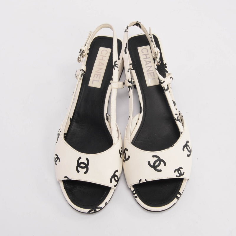 Chanel Black & White Leather CC Slingback Sandals 41 - Blue Spinach