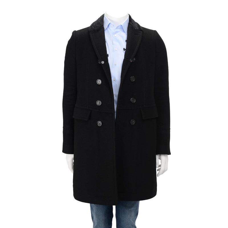 Burberry Prorsum Black Wool Blend Shearling Collar Coat 46 - Blue Spinach