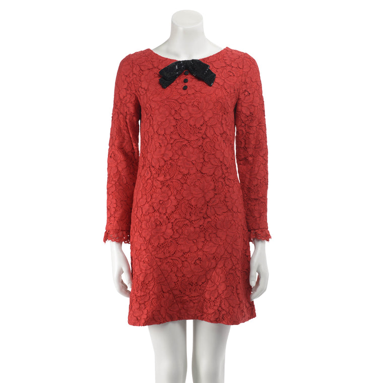 Saint Laurent Red Lace Sequin Bow Dress FR 36