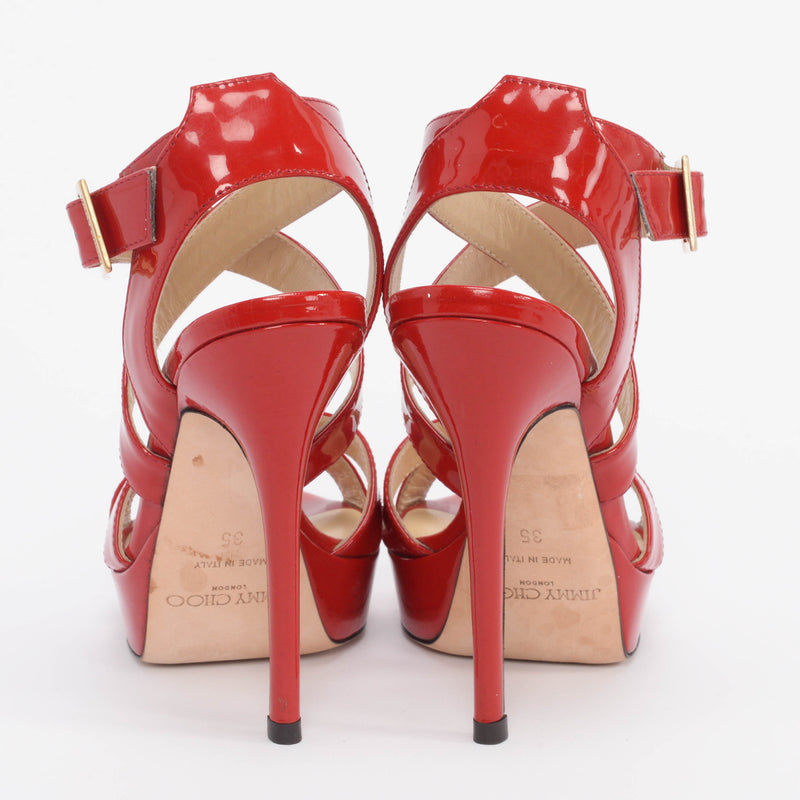 Jimmy Choo Red Patent Vamp Sandals 35 - Blue Spinach