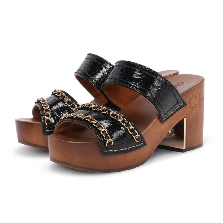 Chanel Black Leather Chain-Trim Wooden Sandals 35