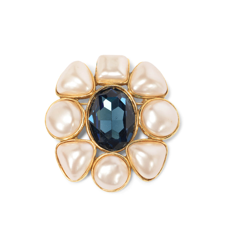 Chanel Vintage Gold Pearl & Crystal Gripoix Brooch - Blue Spinach