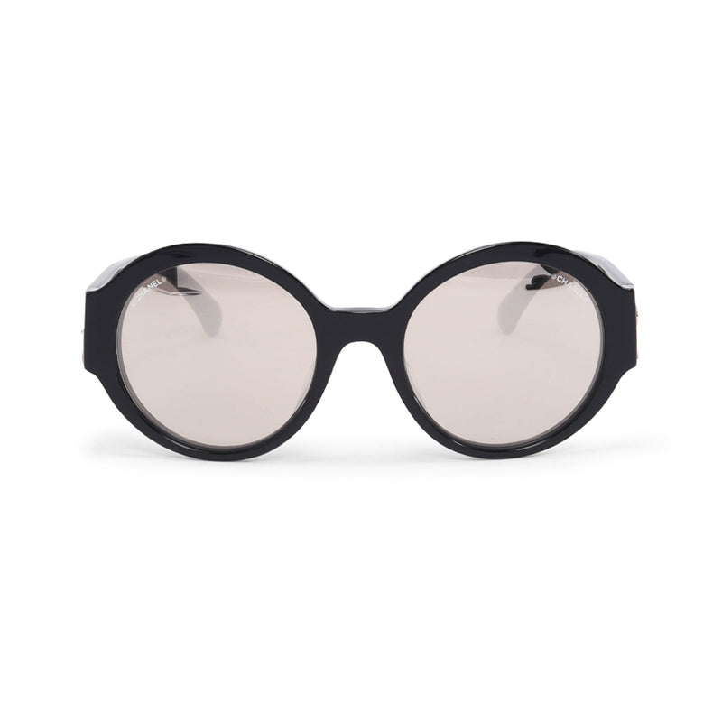 Chanel Black Round Mirror Lens Sunglasses - Blue Spinach