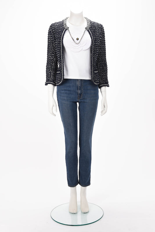 Chanel Navy & White Chain Knit Drawstring Cardigan FR 36 - Blue Spinach
