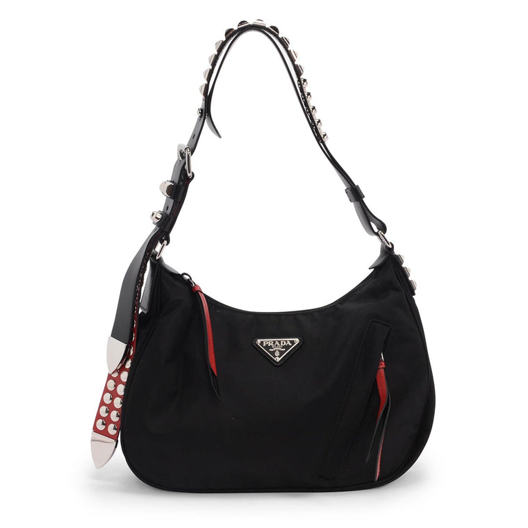 Prada Black Nylon Studded New Vela Hobo Bag