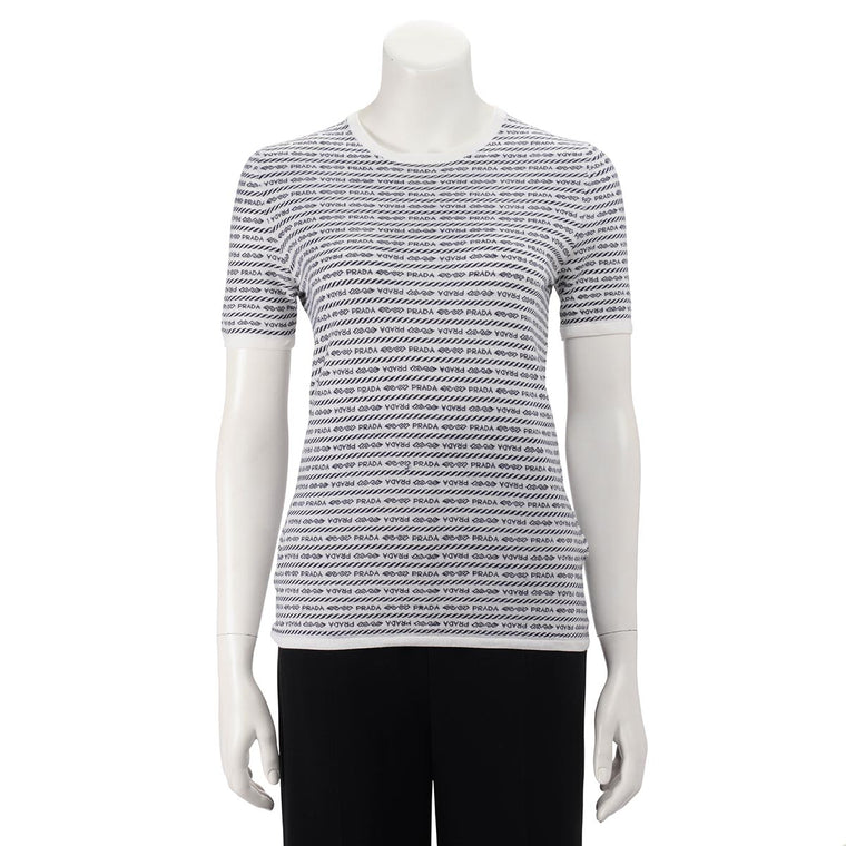 Prada Black & White Wool Logo Intarsia Knit Top IT 40