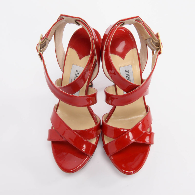 Jimmy Choo Red Patent Vamp Sandals 35 - Blue Spinach