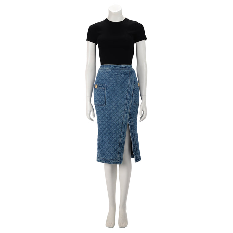 Balmain Blue Quilted Denim Pencil Skirt FR 36