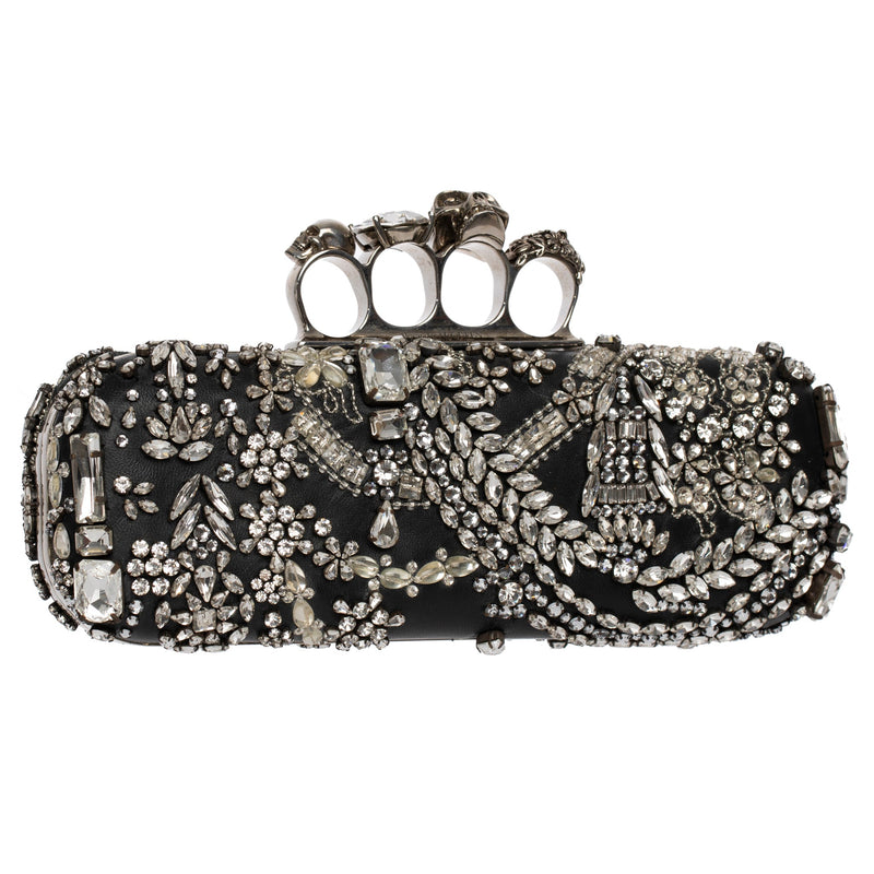 Alexander McQueen Black Leather & Crystal Knuckle Clutch - Blue Spinach