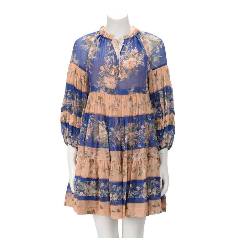 Zimmermann Blue & Pink Moonshine Tuck Mini Dress 0