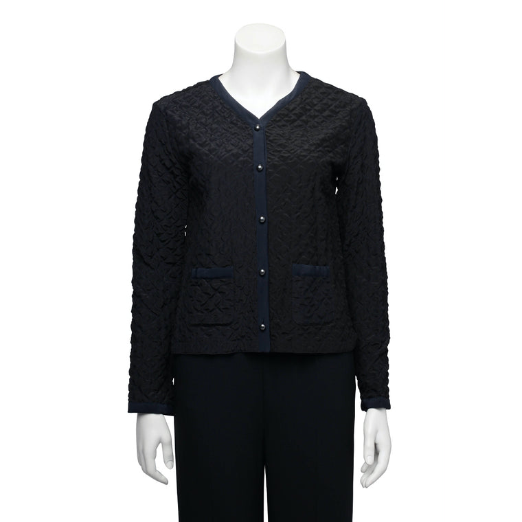 Chanel Navy & Black Quilted Silk Edge to Edge Cardigan FR 36