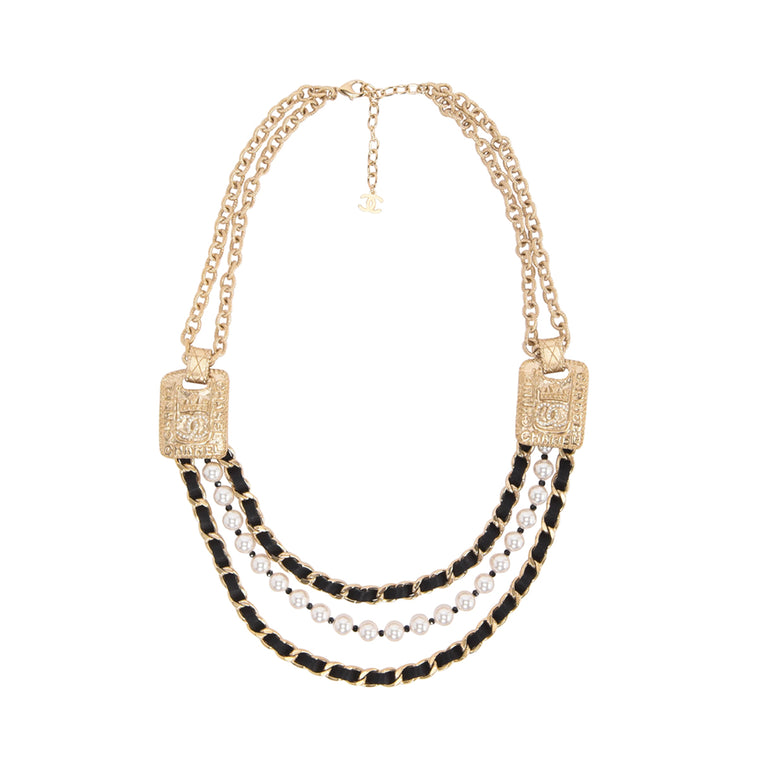 Chanel Light Gold Leather & Pearl Layered Necklace