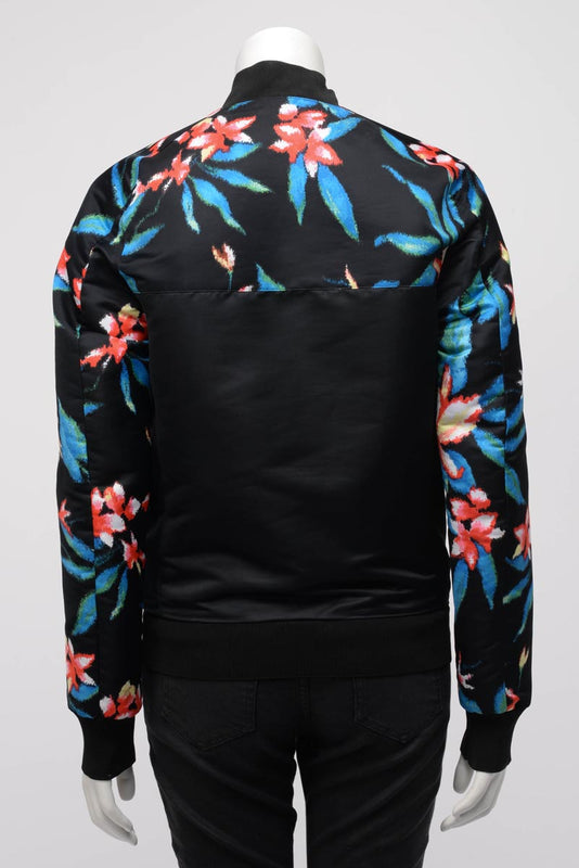 Balenciaga Black Satin Floral Print Bomber Jacket IT 44 - Blue Spinach