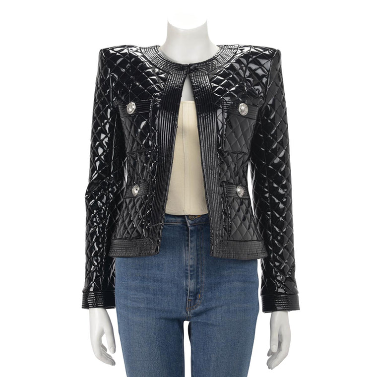 Balmain Black Patent Quilted Jacket FR 38