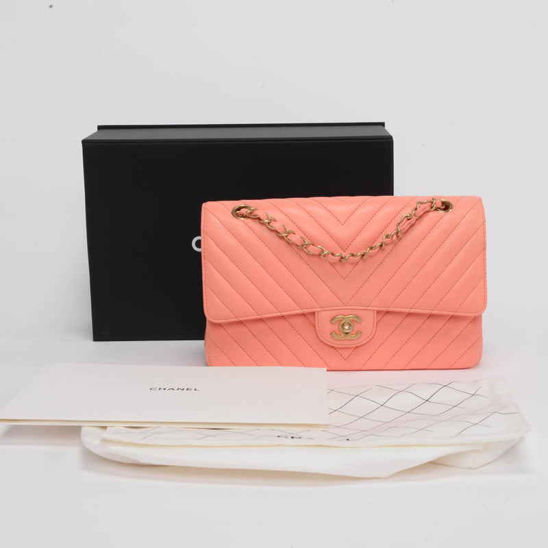 Chanel Coral Chevron Lambskin Medium Double Flap Bag