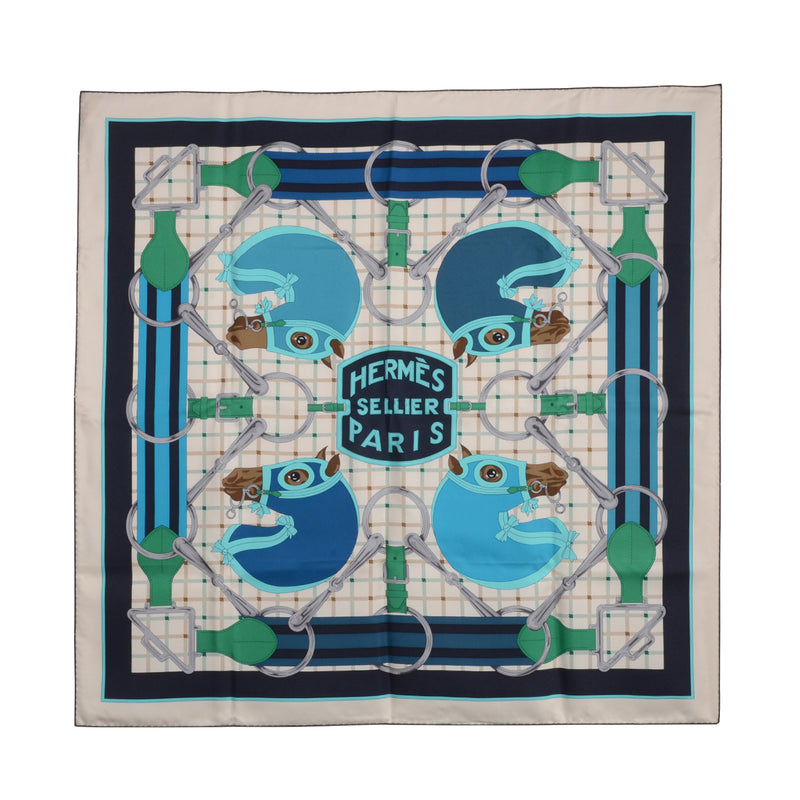 Hermes Printed Silk Tatersale Scarf 90 - Blue Spinach